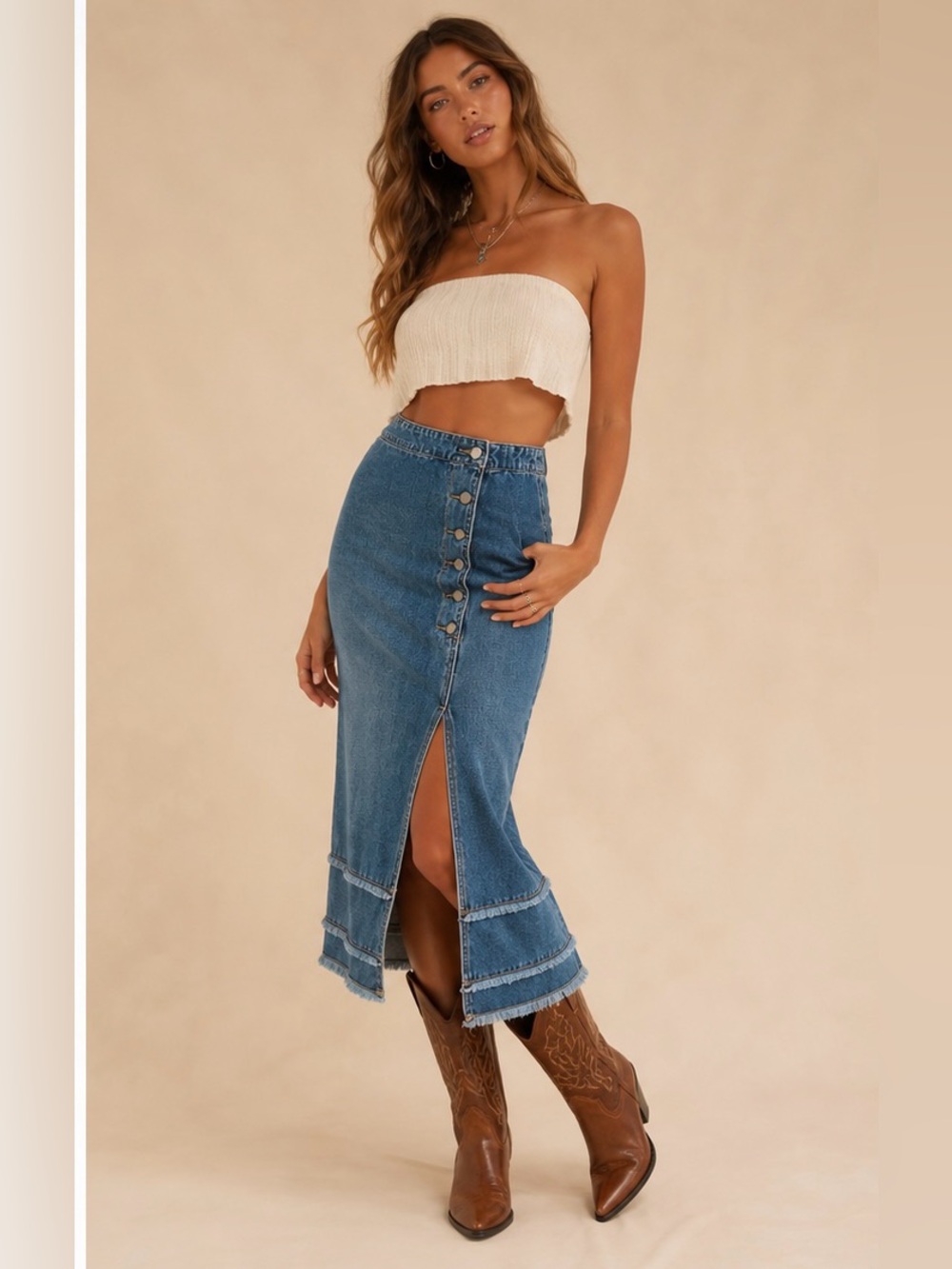 Twelve by Andrea Henson Denim Midi Skirt Small Button Front Slit Raw Hem